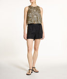 Greek Archaic Kori | Black gold linen embroidered Feather shorts