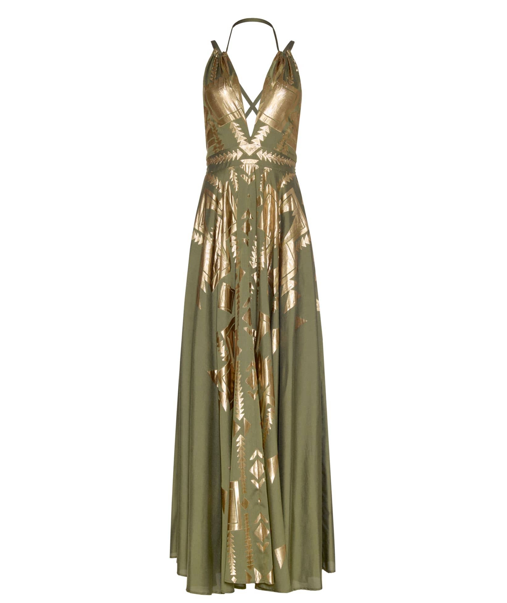 Lace | Olive gold-printed Ilyssia halter maxi dress Lace