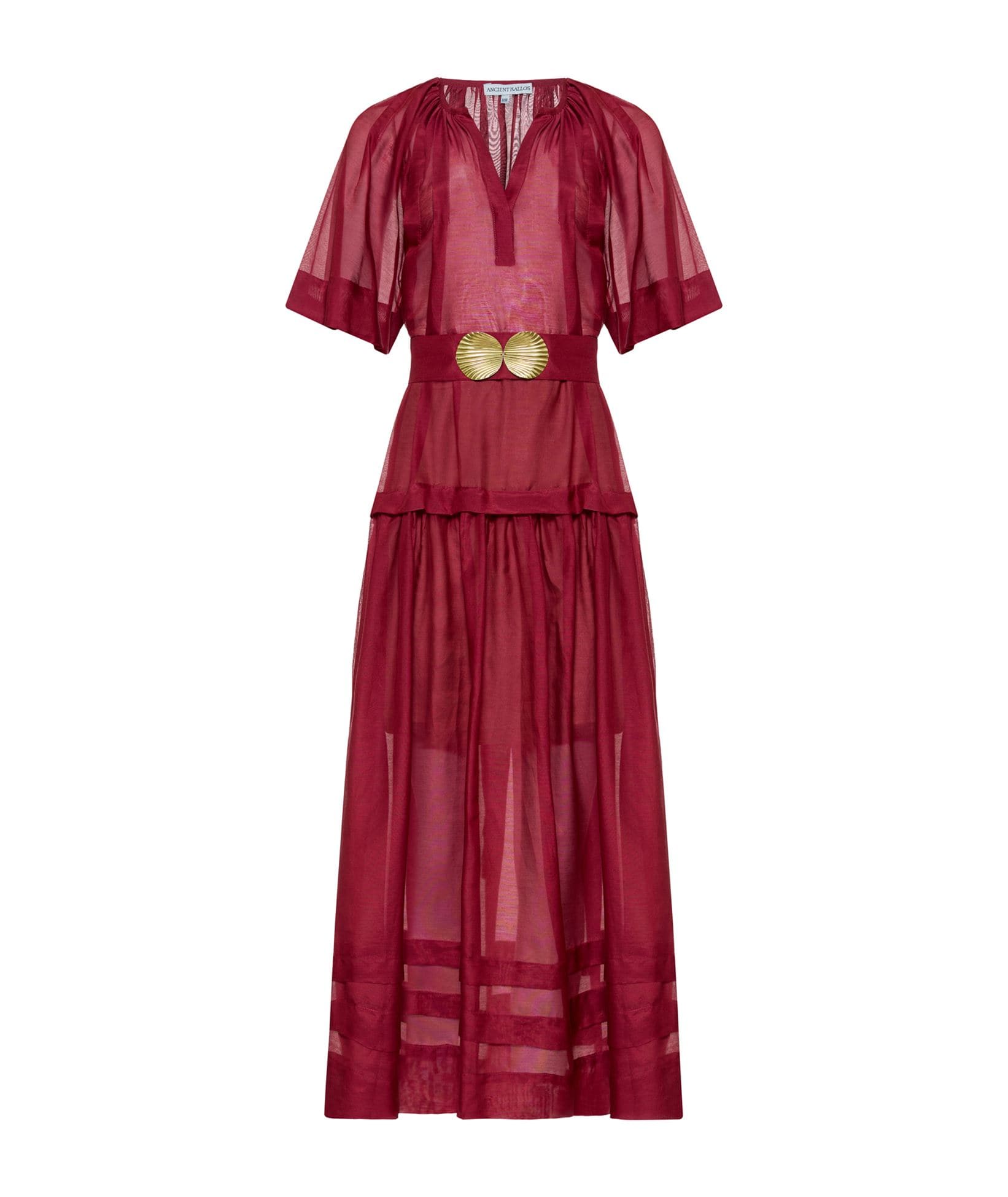 Ancient Kallos | Bordeaux cotton-silk Syros belted midi dress Ancient Kallos 970313001