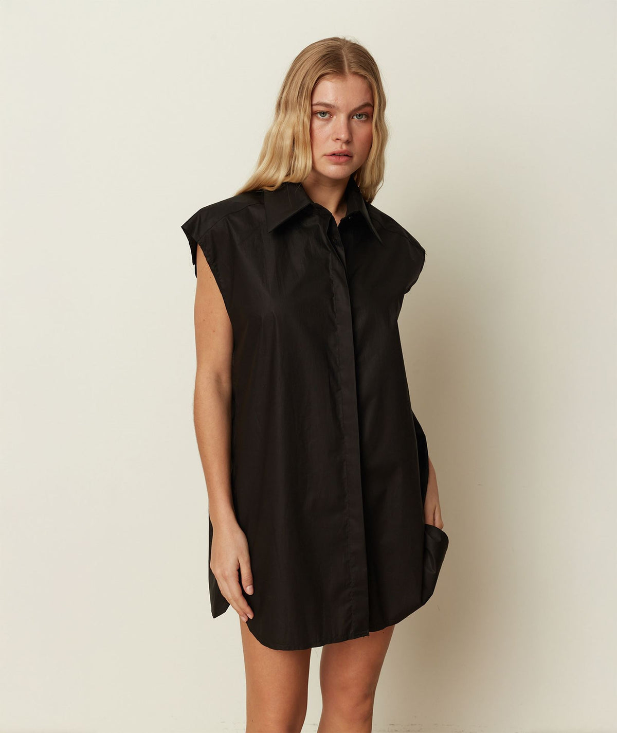 CKontova | Black cotton poplin sleeveless shirt dress