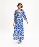 The Artians | Blue printed Keramefs belted maxi dress
