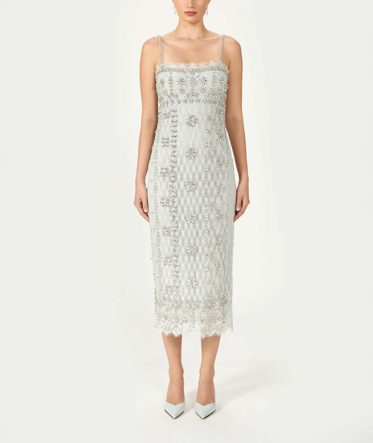 Costarellos | Light blue beaded lace Leona midi dress