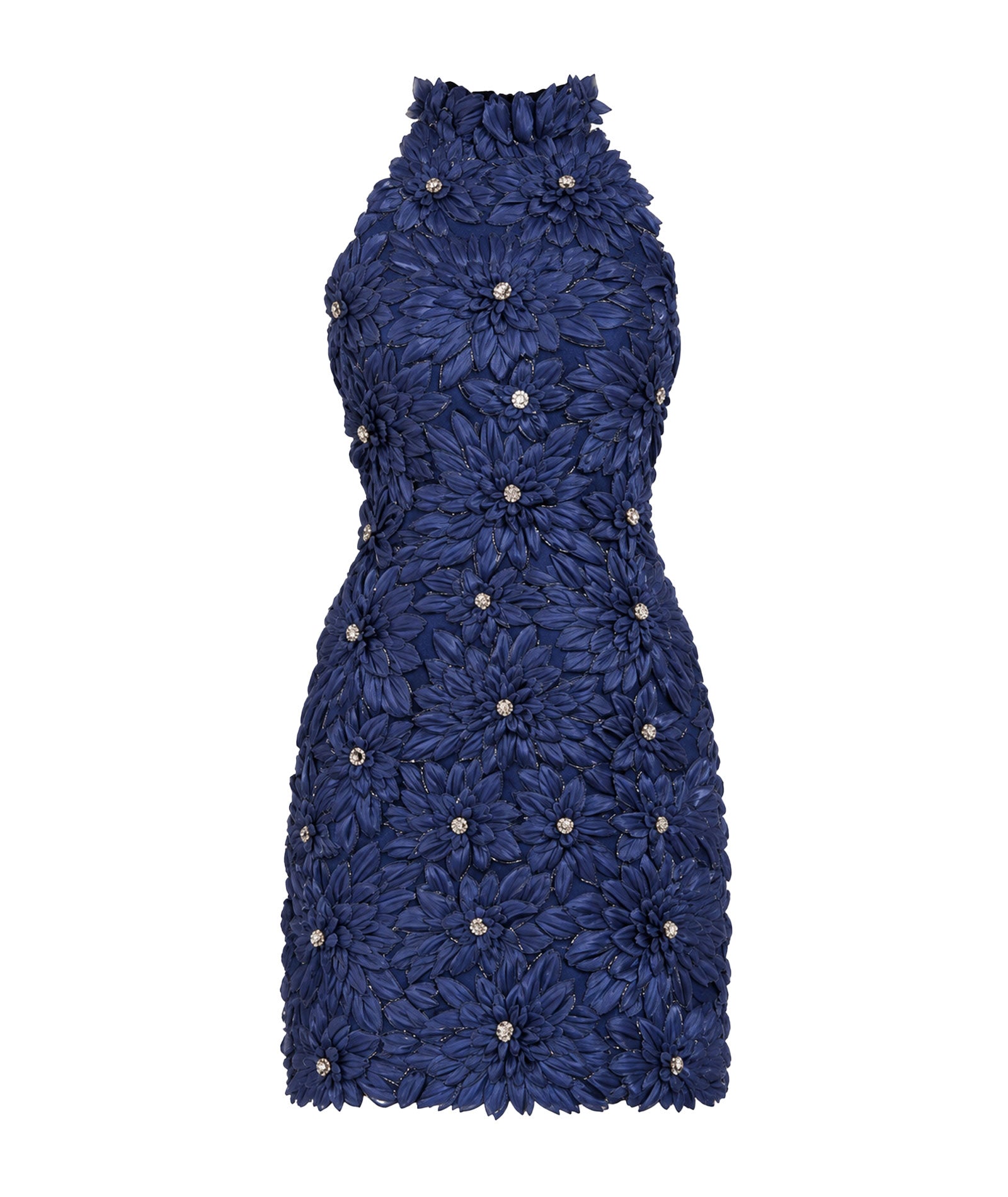 Costarellos | Navy lurex satin flower-embellished Orissa mini dress