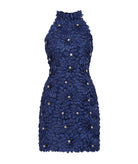 Costarellos | Navy lurex satin flower-embellished Orissa mini dress