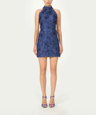 Costarellos | Navy lurex satin flower-embellished Orissa mini dress