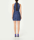 Costarellos | Navy lurex satin flower-embellished Orissa mini dress