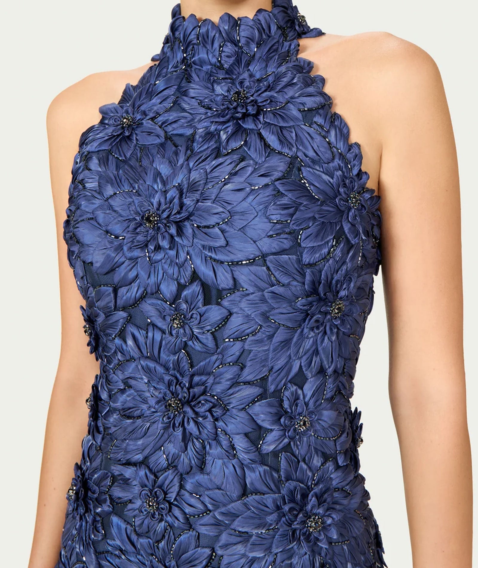 Costarellos | Navy lurex satin flower-embellished Orissa mini dress