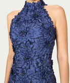 Costarellos | Navy lurex satin flower-embellished Orissa mini dress