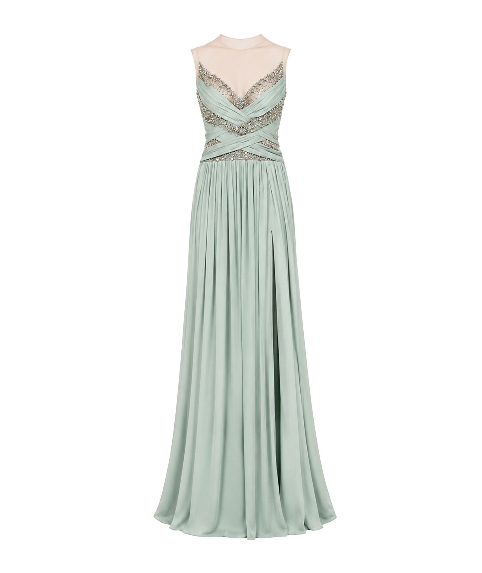Costarellos | Mint lurex georgette crystal-embroidered Branka gown