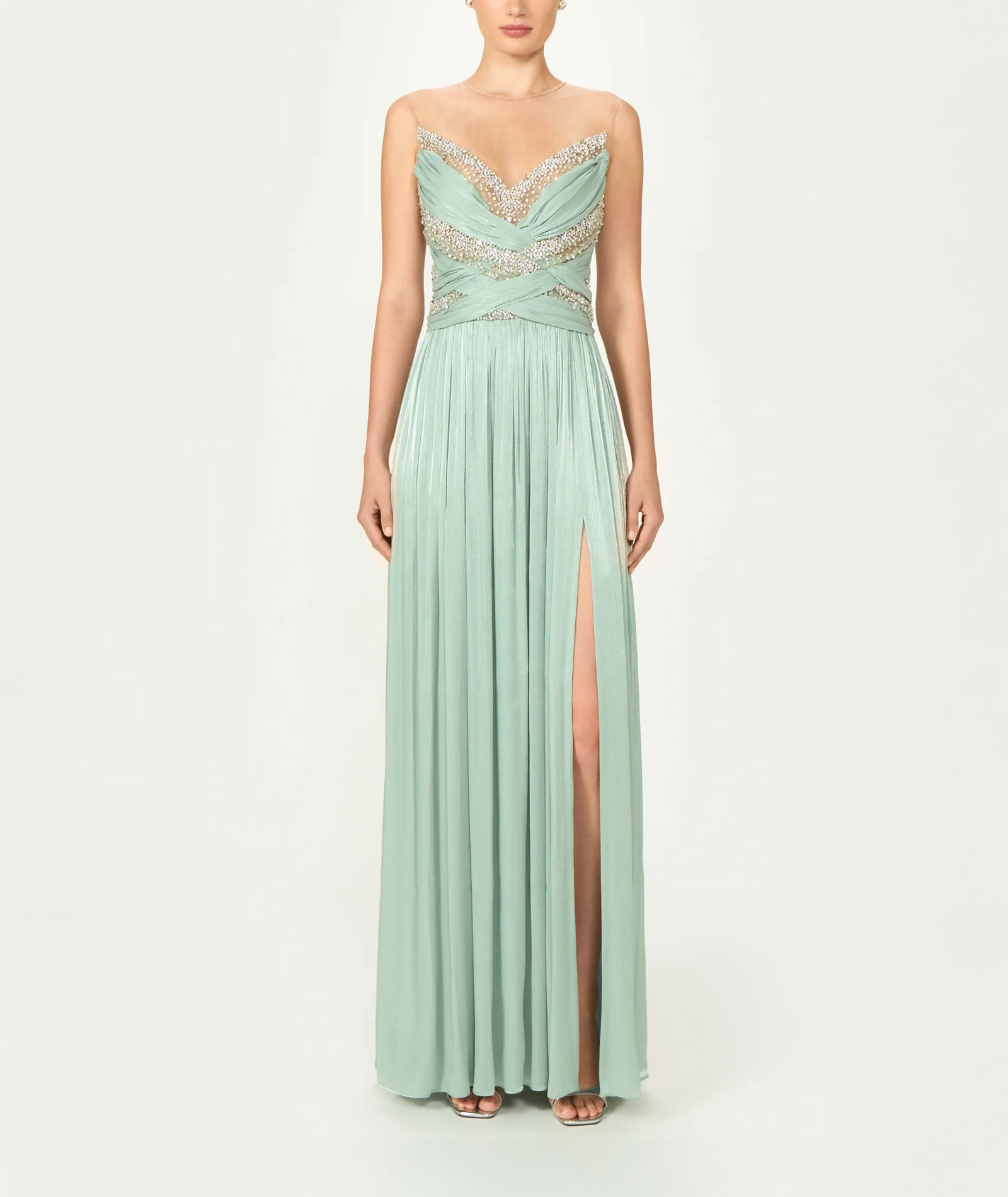 Costarellos | Mint lurex georgette crystal-embroidered Branka gown