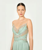 Costarellos | Mint lurex georgette crystal-embroidered Branka gown