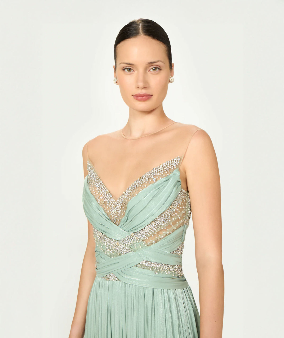 Costarellos | Mint lurex georgette crystal-embroidered Branka gown
