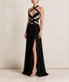 Costarellos | Black lurex georgette crystal-embroidered Avalia gown