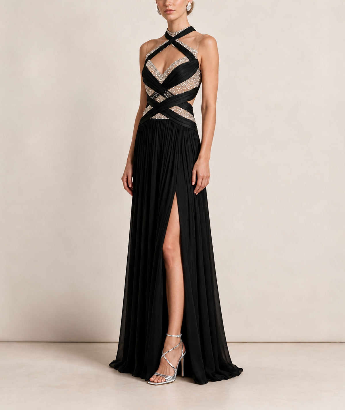 Costarellos | Black lurex georgette crystal-embroidered Avalia gown