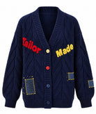 Tailor Made | Navy blue cable-knitted cardigan with embroidery