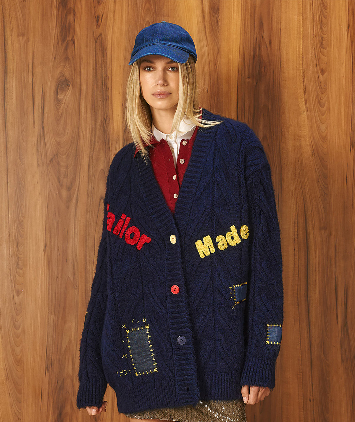 Tailor Made | Navy blue cable-knitted cardigan with embroidery