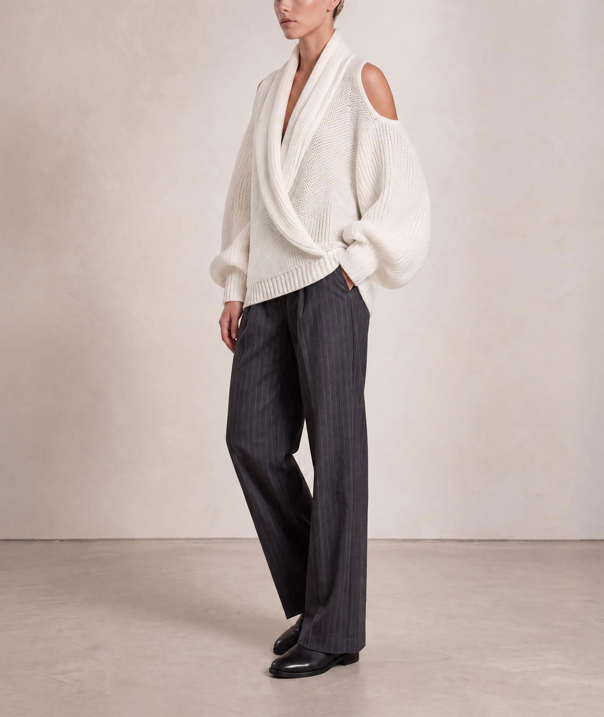 Tailor Made | Off-white cold-shoulder knitted sweater with hood