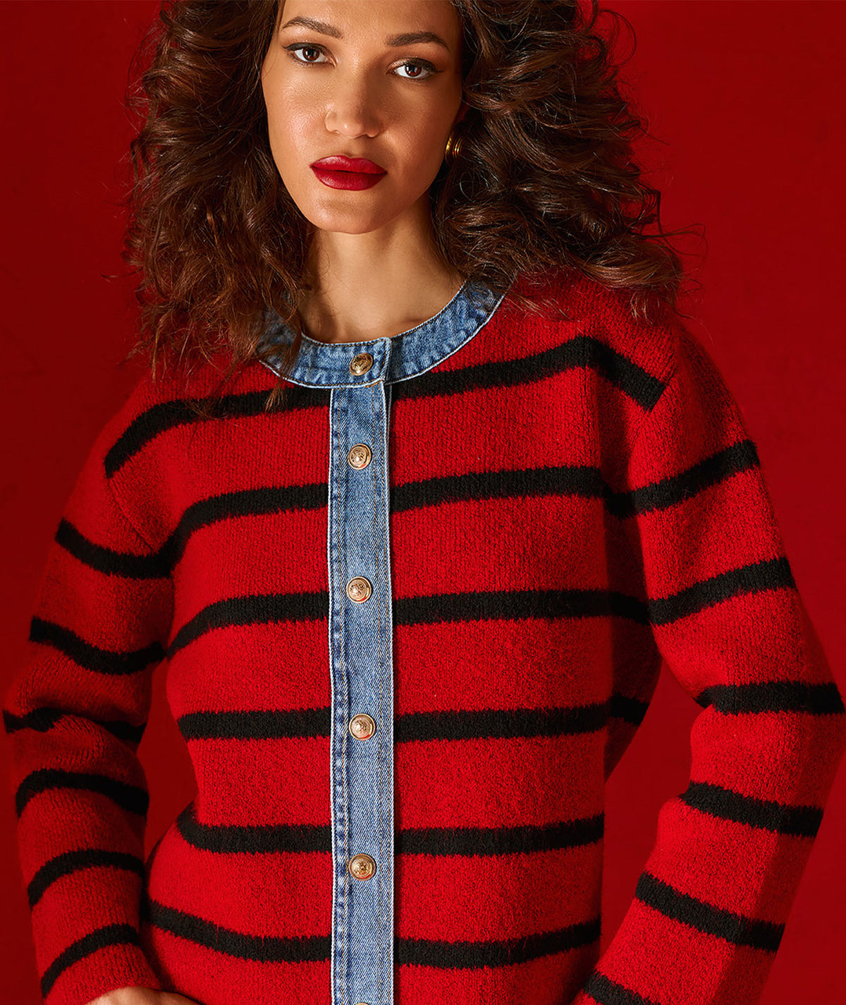 Tailor Made | Red striped knitted cardigan with denim detail