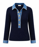 Tailor Made | Navy blue rib-knitted sweater with denim collar