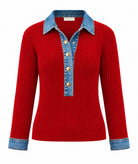 Tailor Made | Red rib-knitted sweater with denim collar