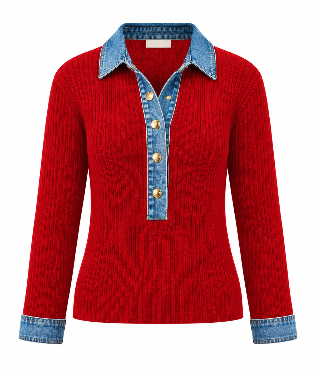 Tailor Made | Red rib-knitted sweater with denim collar