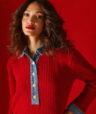 Tailor Made | Red rib-knitted sweater with denim collar