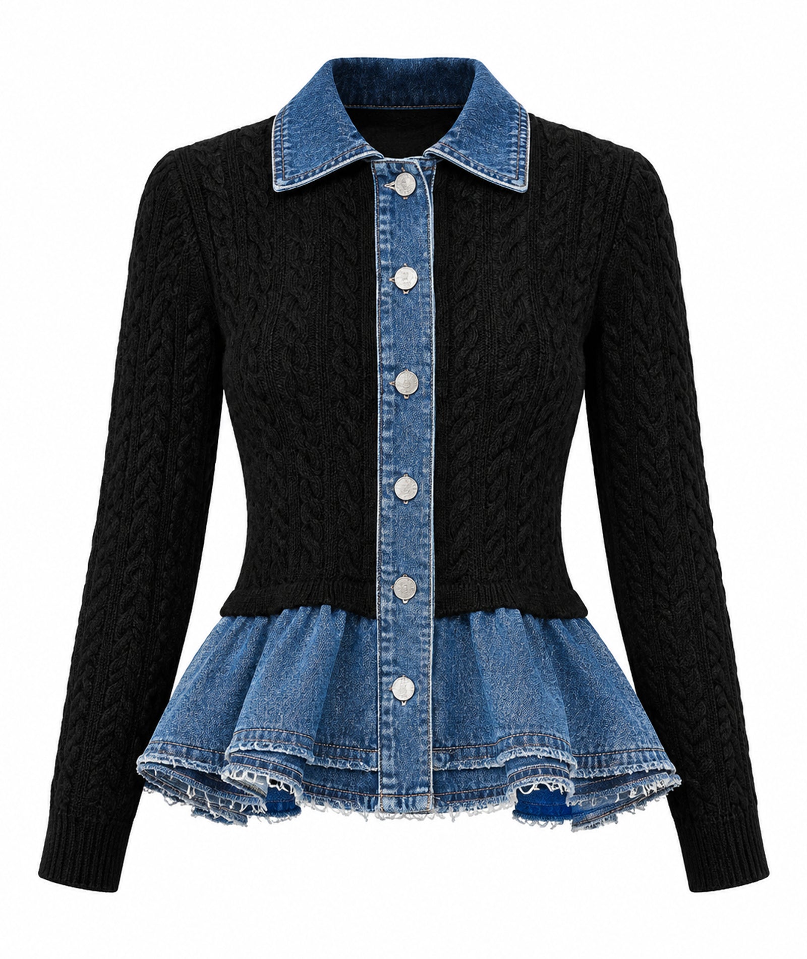 Tailor Made | Black cable-knitted cardigan with denim detail