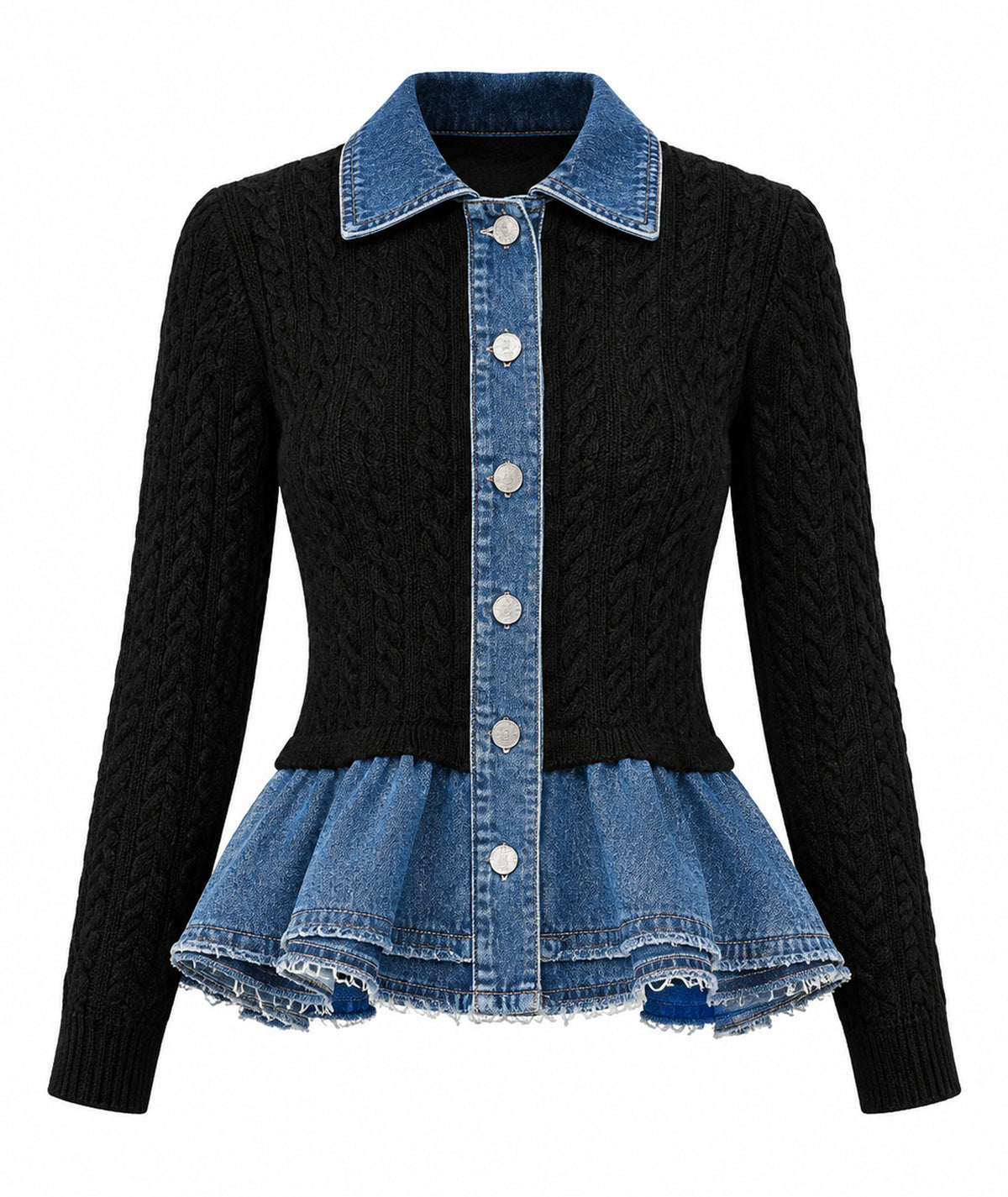 Tailor Made | Black cable-knitted cardigan with denim detail