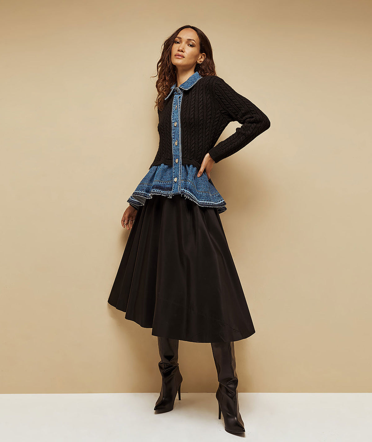 Tailor Made | Black cable-knitted cardigan with denim detail