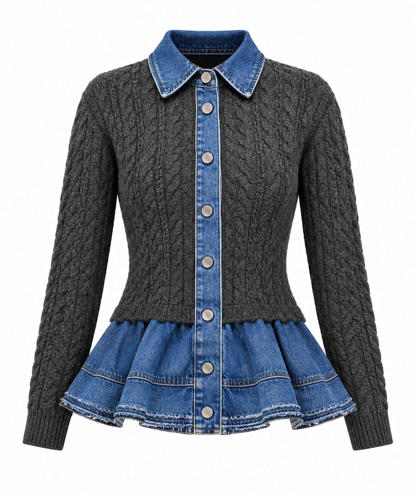 Tailor Made | Grey cable-knitted cardigan with denim detail