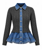 Tailor Made | Grey cable-knitted cardigan with denim detail