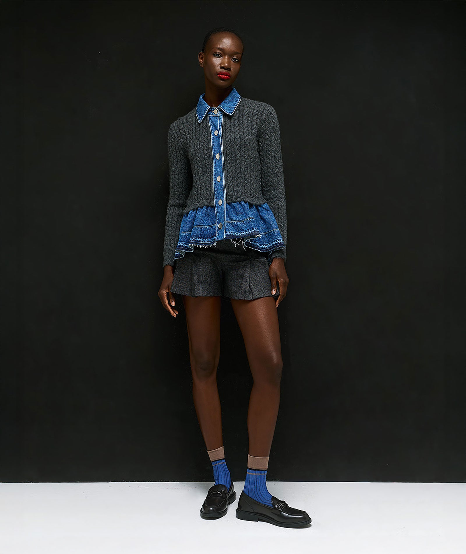 Tailor Made | Grey cable-knitted cardigan with denim detail