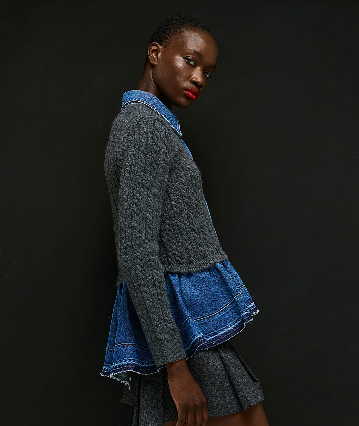 Tailor Made | Grey cable-knitted cardigan with denim detail