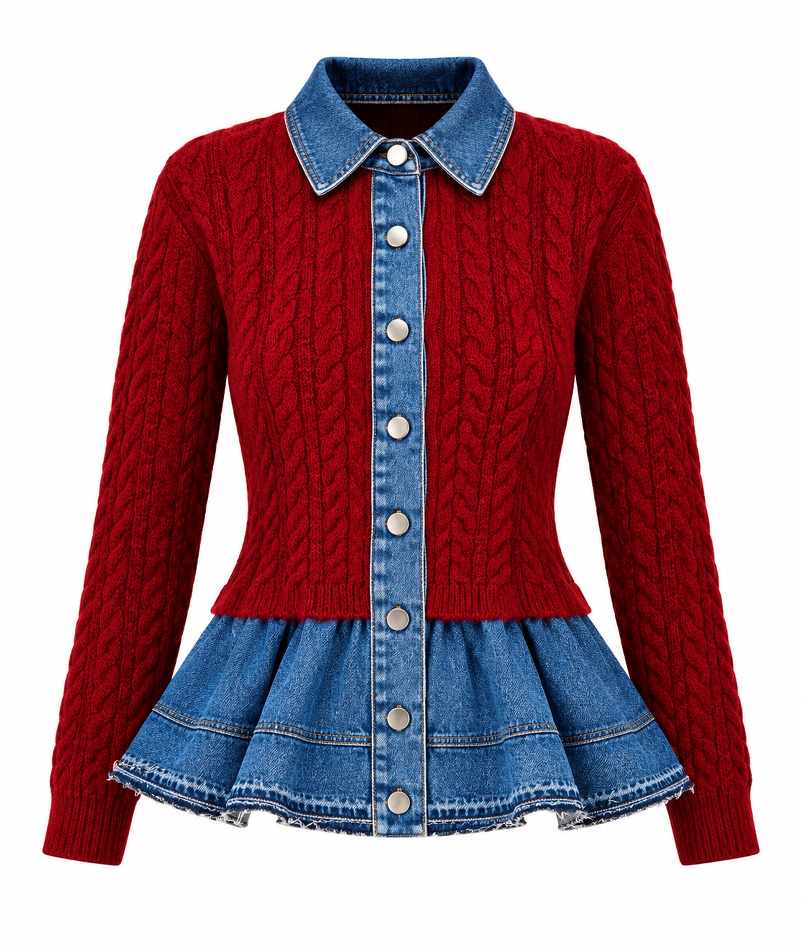 Tailor Made | Bordeaux ccable-knitted cardigan with denim detail
