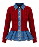 Tailor Made | Bordeaux ccable-knitted cardigan with denim detail