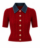 Tailor Made | Bordeaux knitted short-sleeve cardigan with denim collar