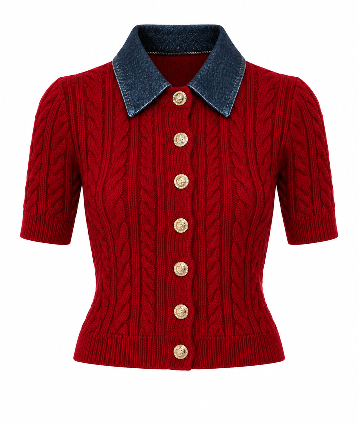 Tailor Made | Bordeaux knitted short-sleeve cardigan with denim collar