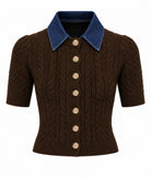 Tailor Made | Brown knitted short-sleeve cardigan with denim collar