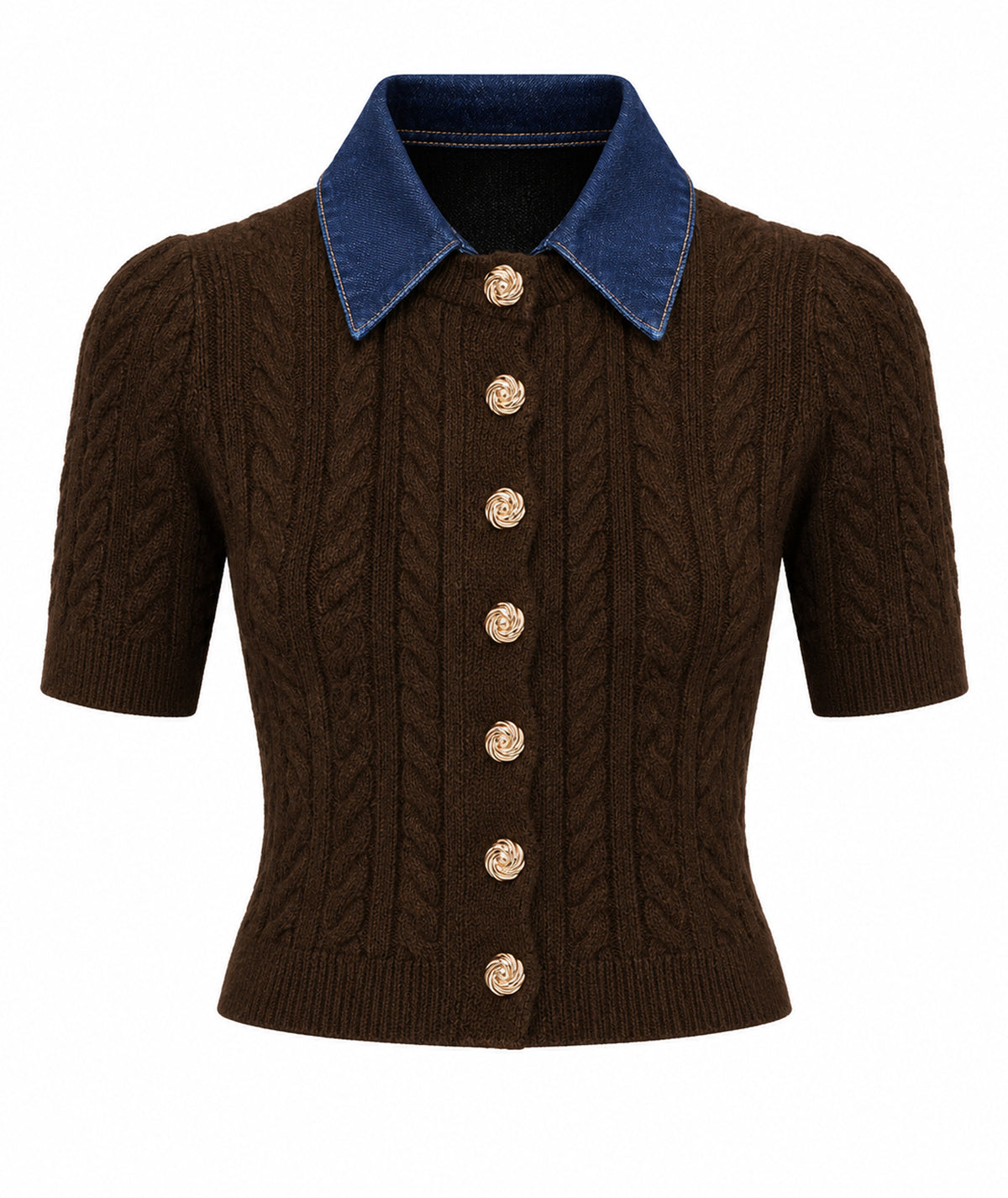 Tailor Made | Brown knitted short-sleeve cardigan with denim collar