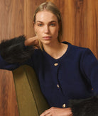 Tailor Made | Navy blue knitted fur-trimmed cardigan