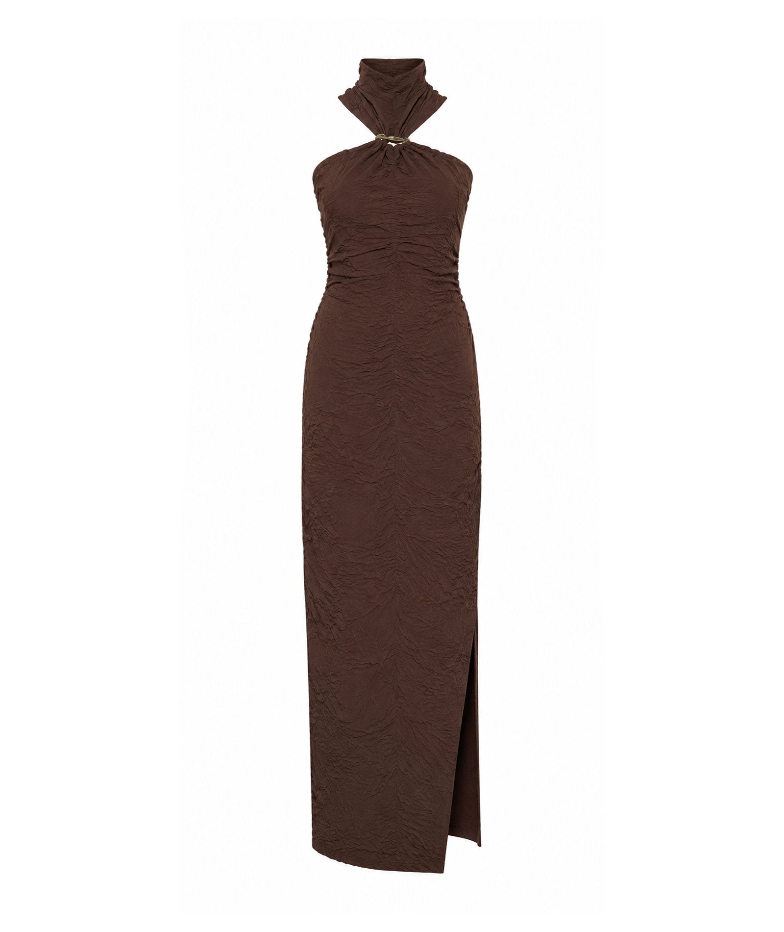 Mallory The Label | Brown halter high-neck Dark Camellia maxi dress