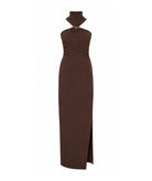 Mallory The Label | Brown halter high-neck Dark Camellia maxi dress