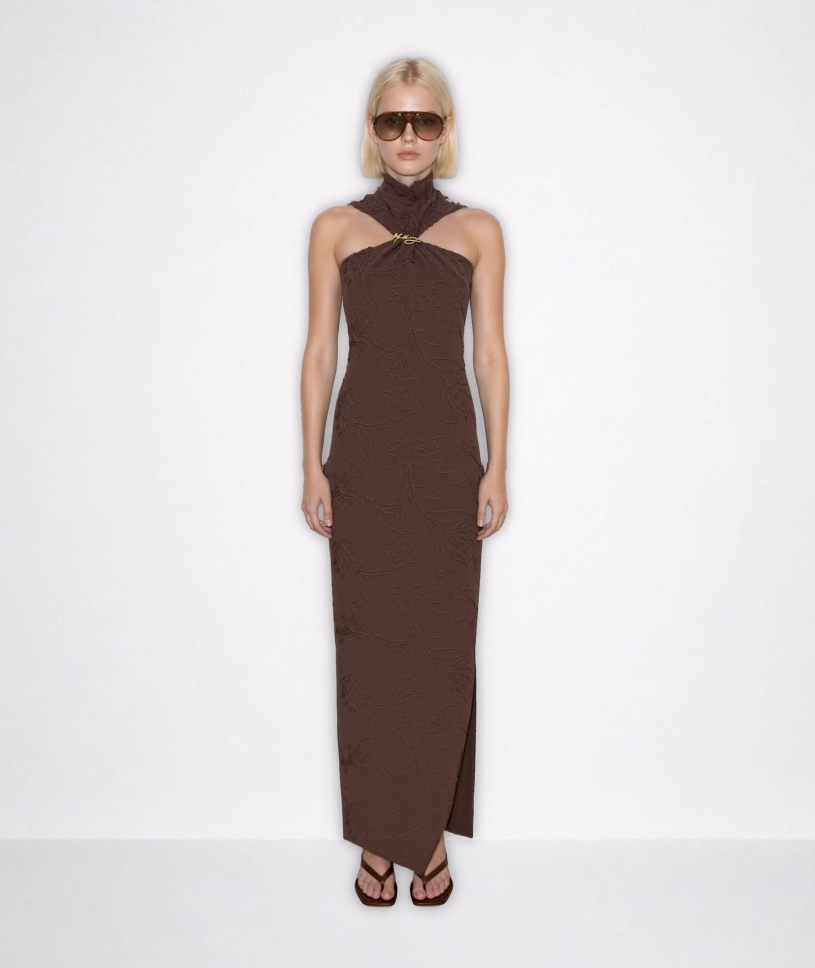 Mallory The Label | Brown halter high-neck Dark Camellia maxi dress