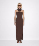Mallory The Label | Brown halter high-neck Dark Camellia maxi dress