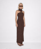 Mallory The Label | Brown halter high-neck Dark Camellia maxi dress