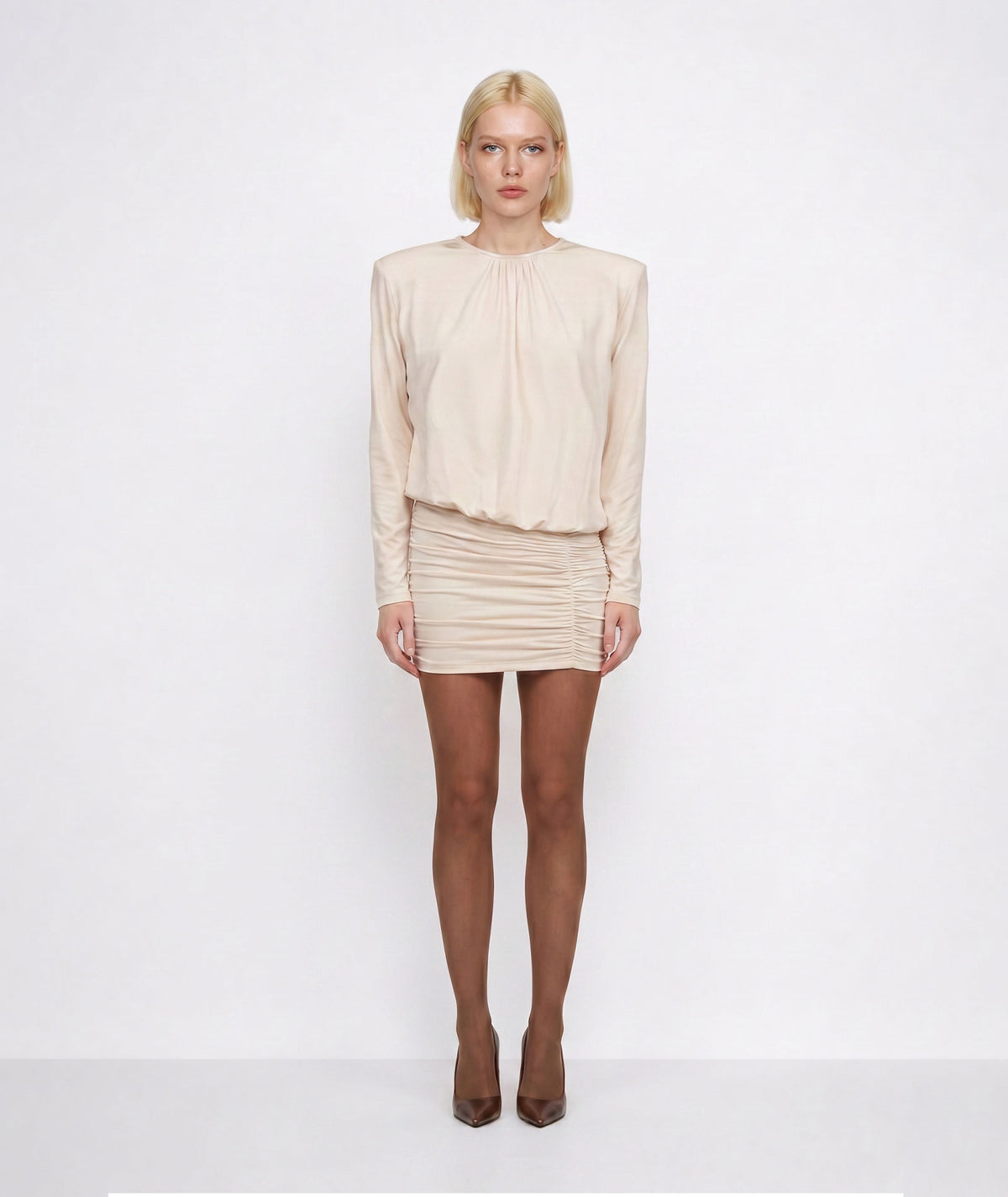 Mallory The Label | Ecru ruched Epoque long-sleeve mini dress