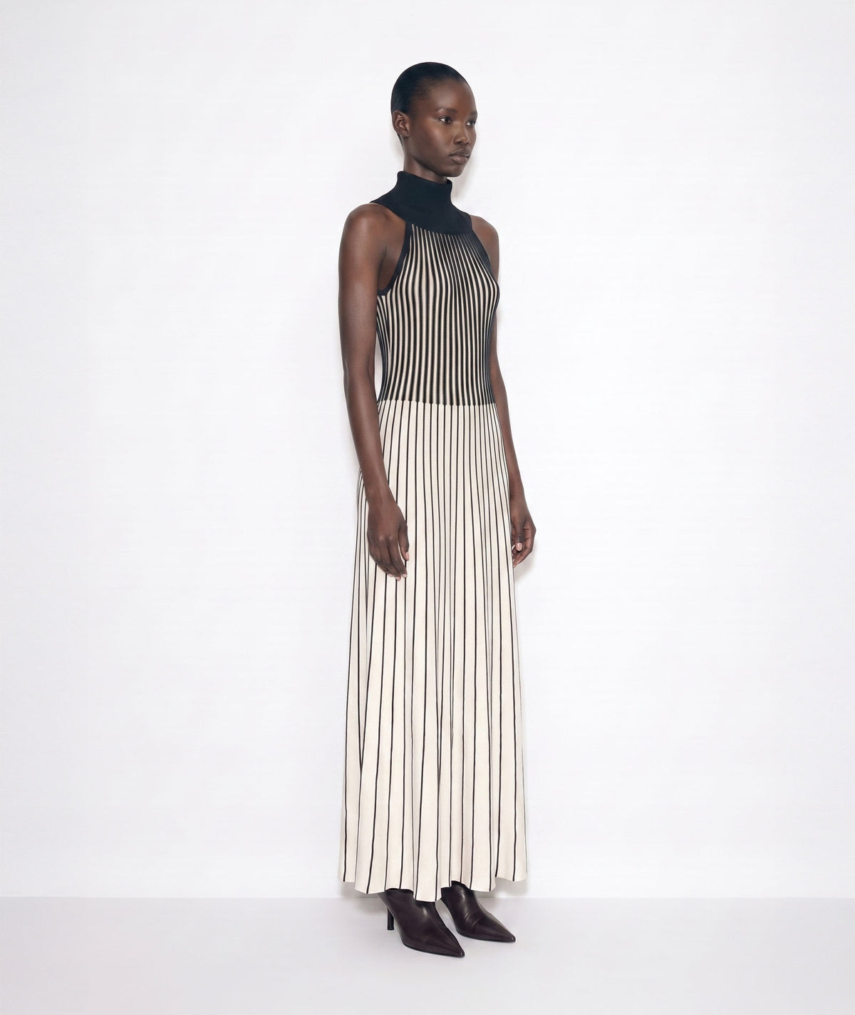 Mallory The Label | Black white striped rib-knitted Ivory Noir maxi dress