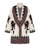 Mallory The Label | Ecru jacquard knitted fringed Biarritz belted cardigan