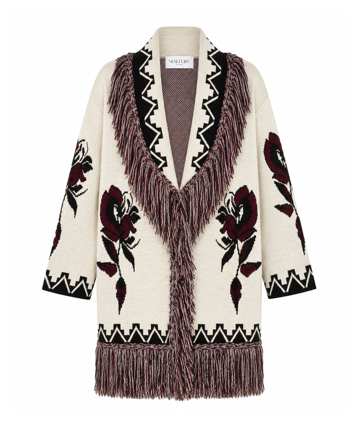 Mallory The Label | Ecru jacquard knitted fringed Biarritz belted cardigan