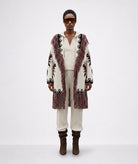Mallory The Label | Ecru jacquard knitted fringed Biarritz belted cardigan